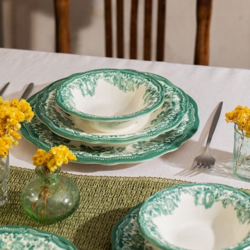 24-piece porcelain dinner set — white/green