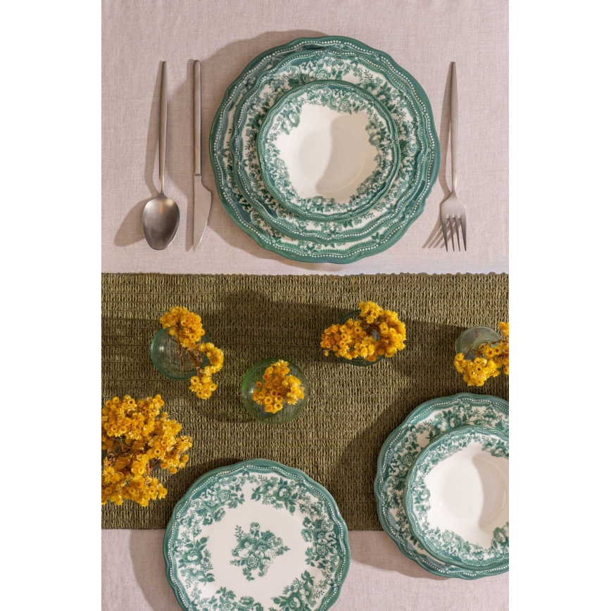 24-piece porcelain dinner set — white/green