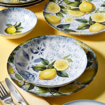 24-piece porcelain dinnerware set in blue, yellow and green