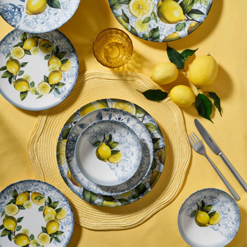 24-piece porcelain dinnerware set in blue, yellow and green