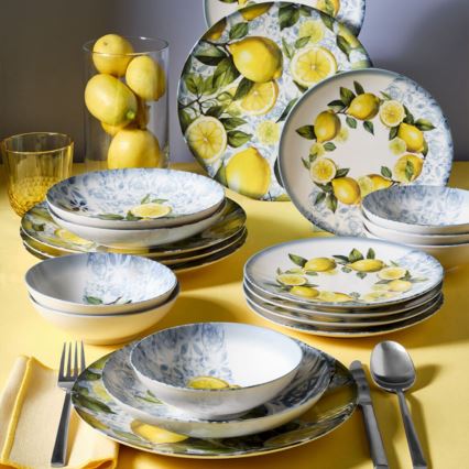 24-piece porcelain dinnerware set in blue, yellow and green