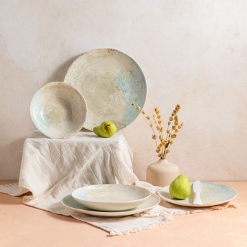 24-piece porcelain dinnerware set in elegant blue and beige