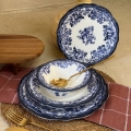 24-piece porcelain dinnerware set in white and blue