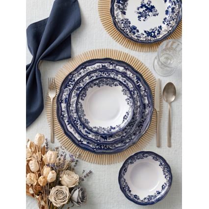 24-piece porcelain dinnerware set in white and blue