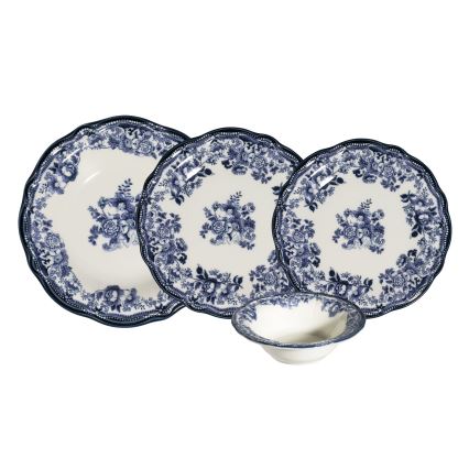 24-piece porcelain dinnerware set in white and blue