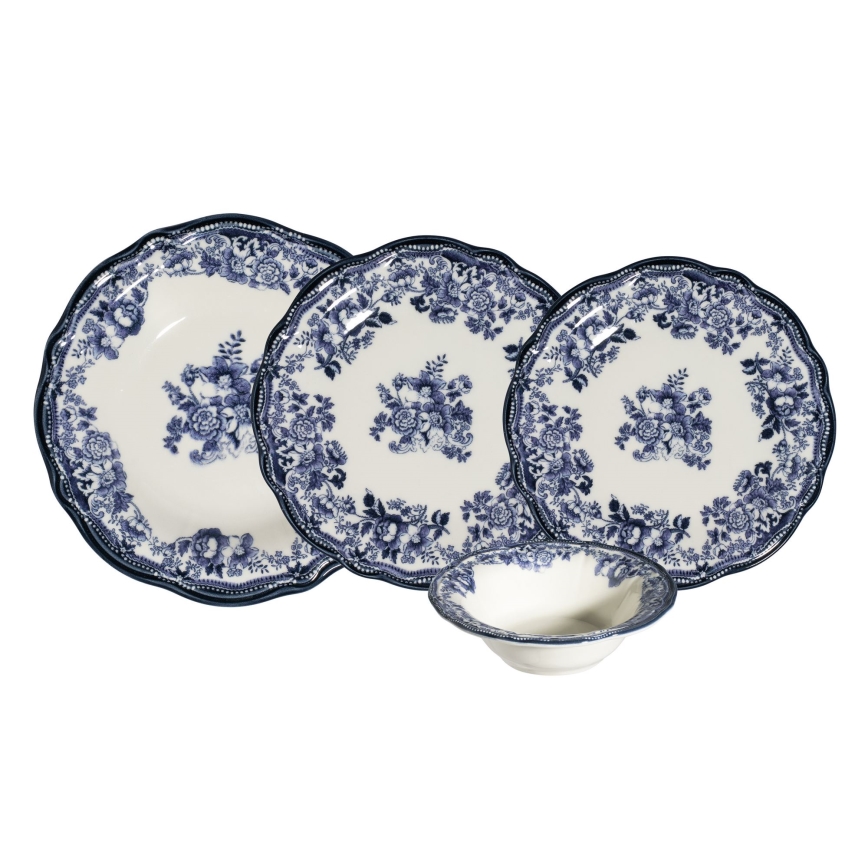 24-piece porcelain dinnerware set in white and blue