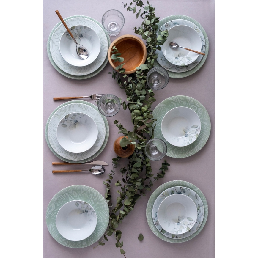 24-piece porcelain dinnerware set in white and green