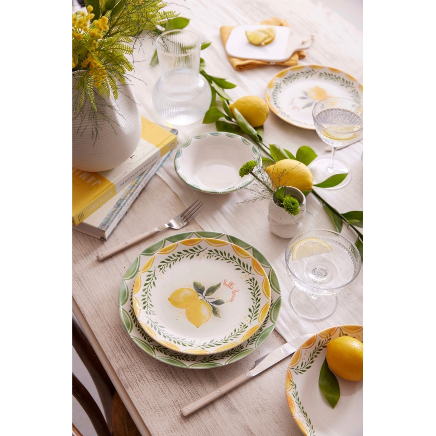 24-piece porcelain dinnerware set in yellow, white and green