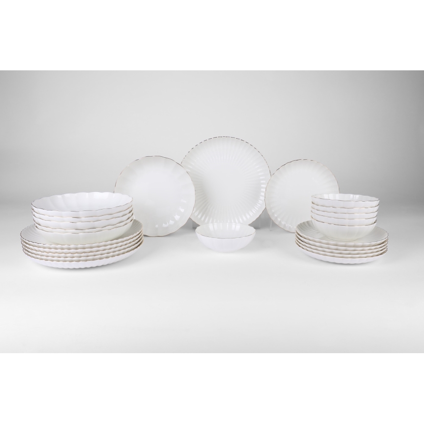 24-Piece Porcelain Dinnerware Set — White with Gold Trim