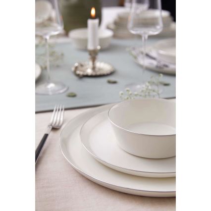 24-piece porcelain dinnerware set — white with silver trim