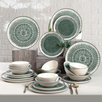 24-Piece Stoneware Dining Set – Beige/Green