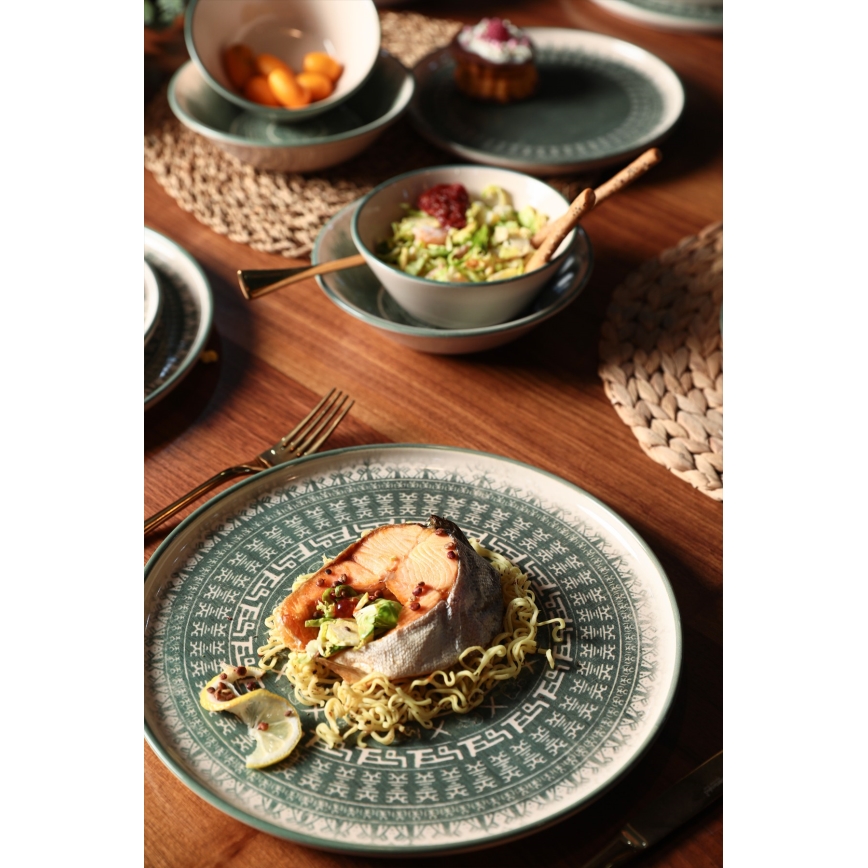 24-Piece Stoneware Dining Set – Beige/Green