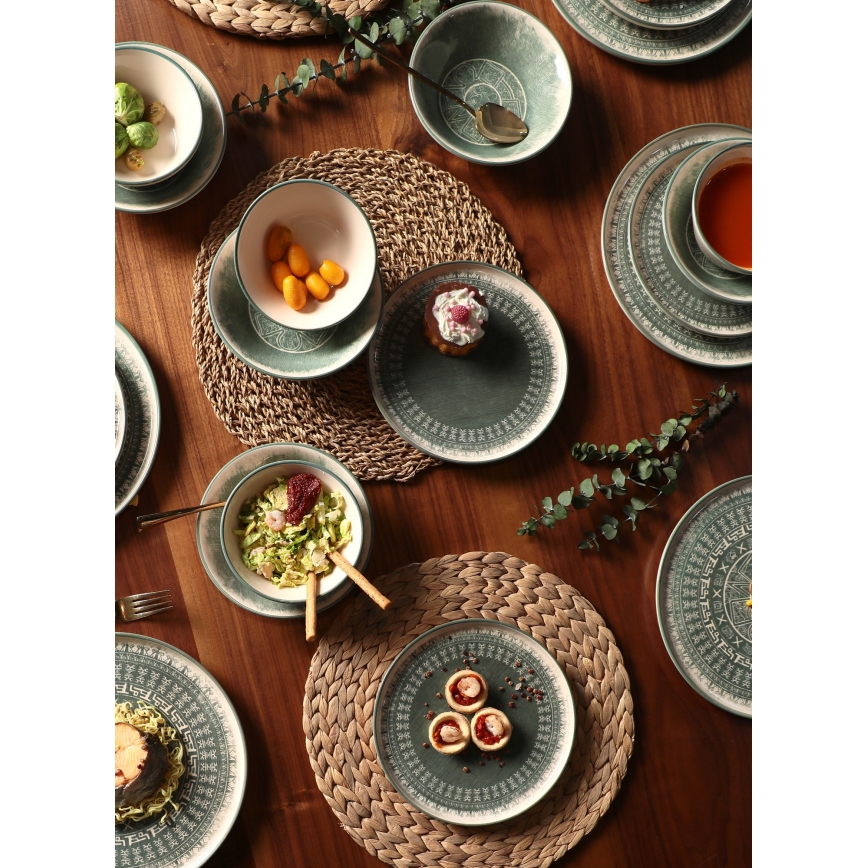 24-Piece Stoneware Dining Set – Beige/Green