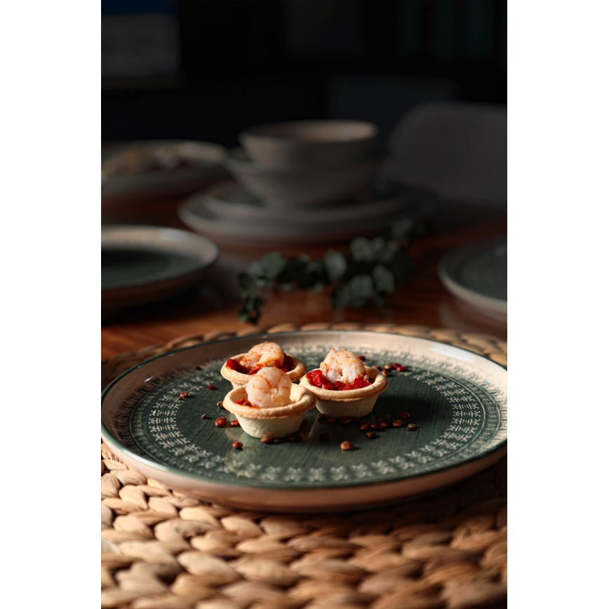 24-Piece Stoneware Dining Set – Beige/Green