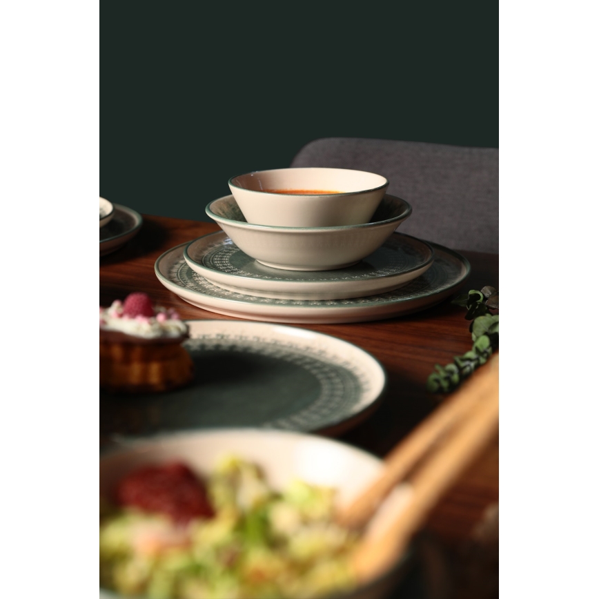24-Piece Stoneware Dining Set – Beige/Green