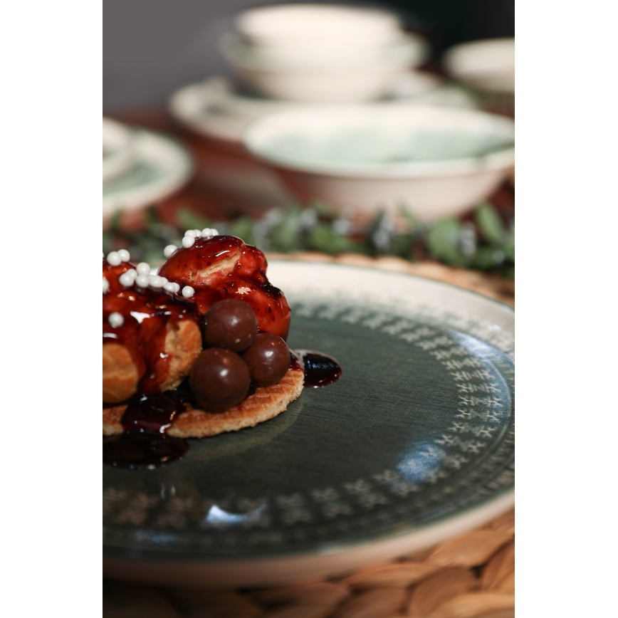 24-Piece Stoneware Dining Set – Beige/Green