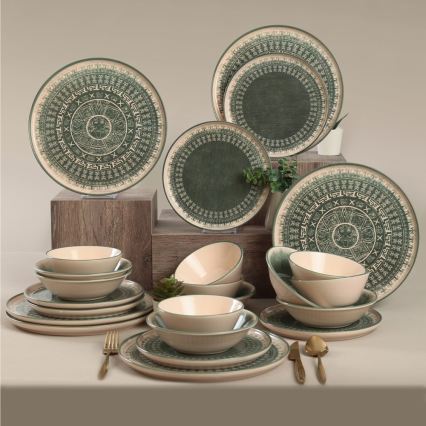 24-Piece Stoneware Dining Set – Beige/Green