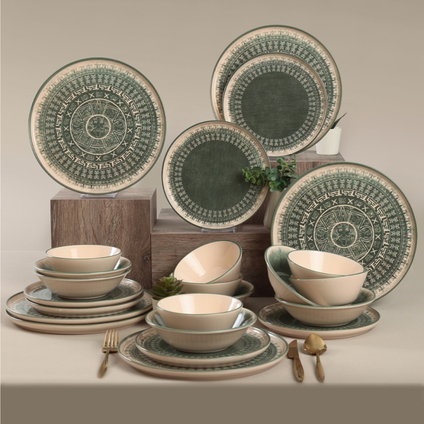 24-Piece Stoneware Dining Set – Beige/Green