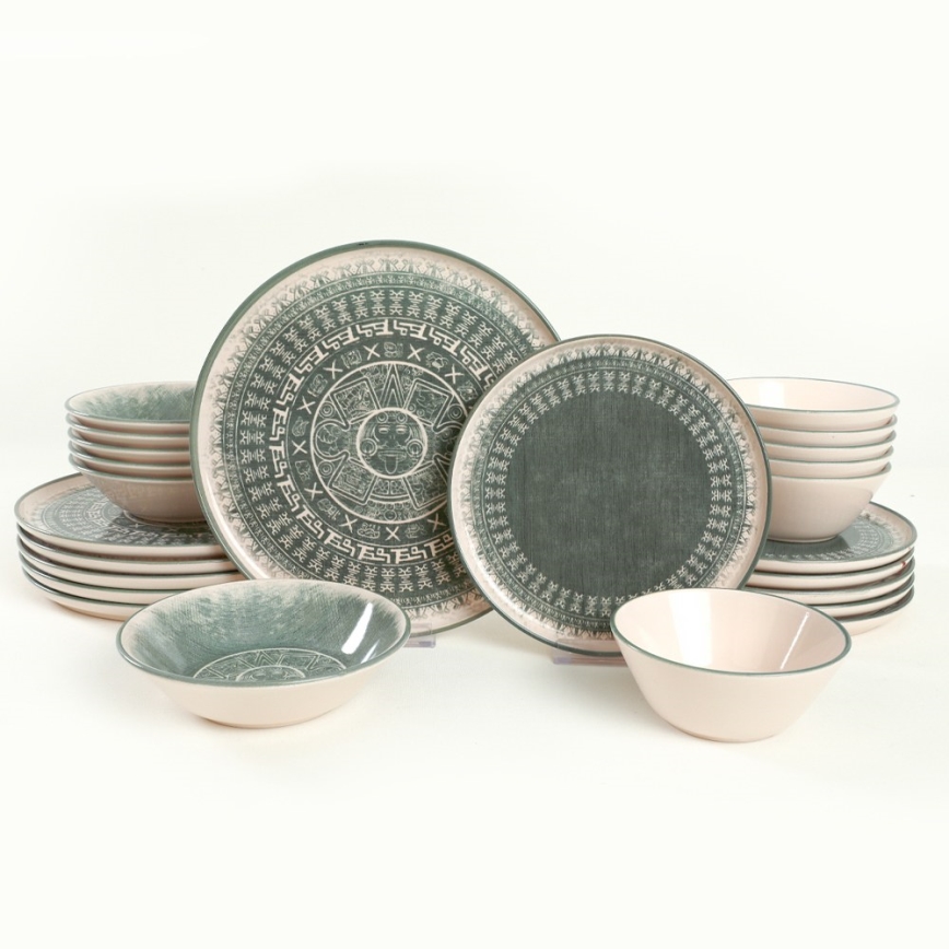 24-Piece Stoneware Dining Set – Beige/Green
