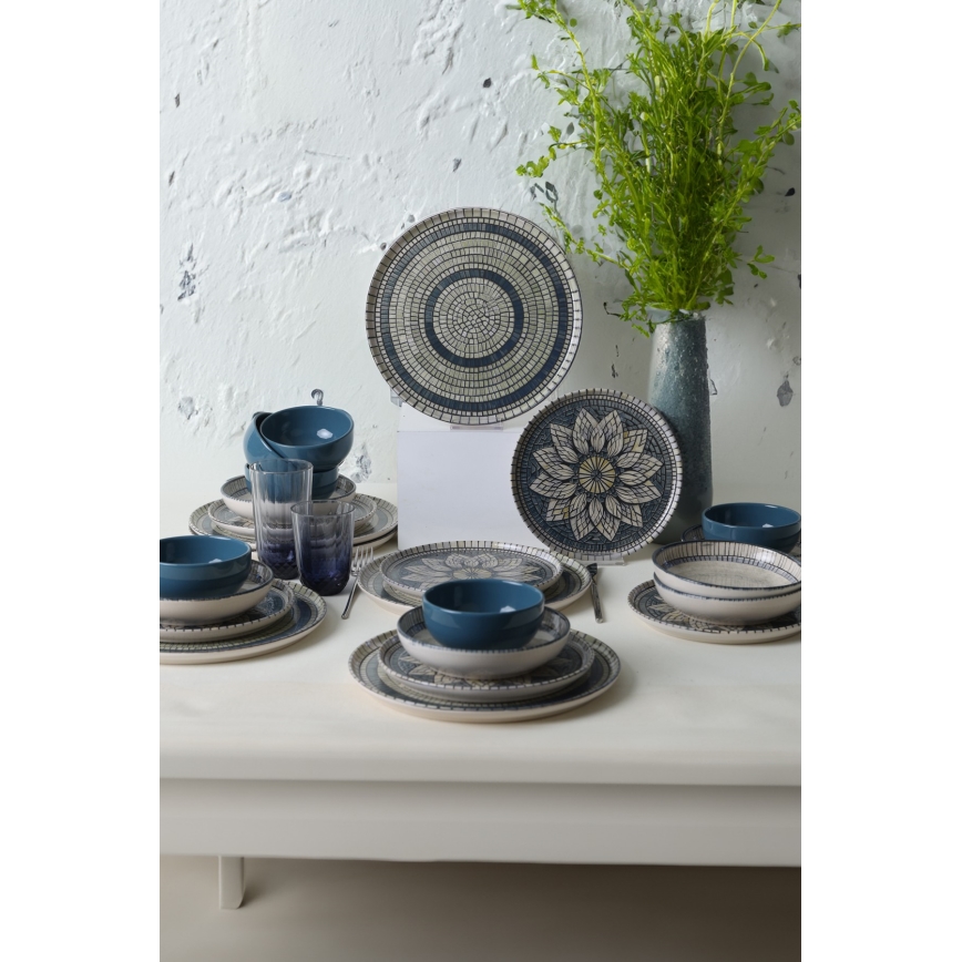 24-piece stoneware dinnerware set in blue and cream