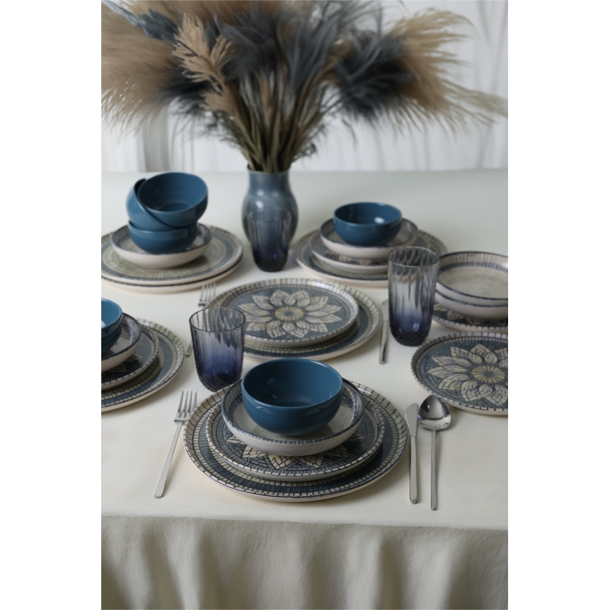 24-piece stoneware dinnerware set in blue and cream