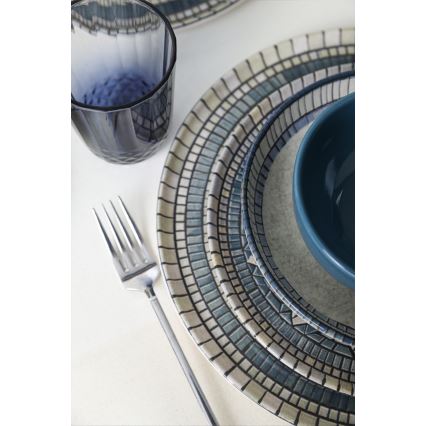 24-piece stoneware dinnerware set in blue and cream
