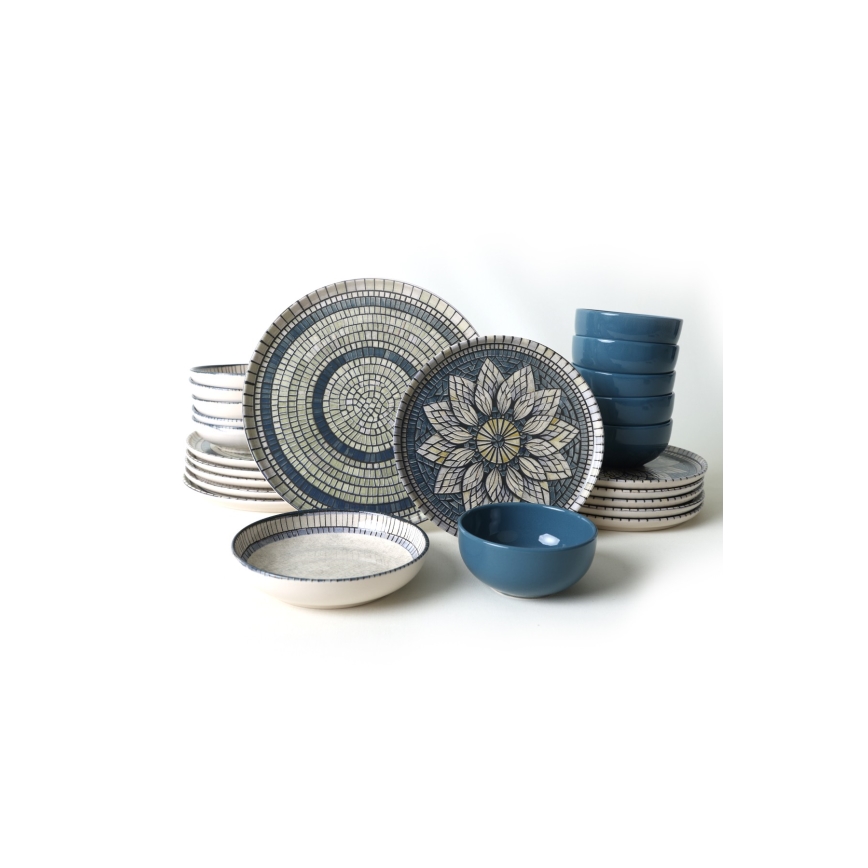 24-piece stoneware dinnerware set in blue and cream