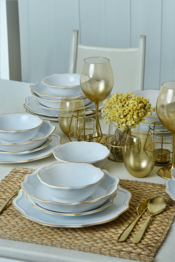 24-piece stoneware dinnerware set - white with gold trim