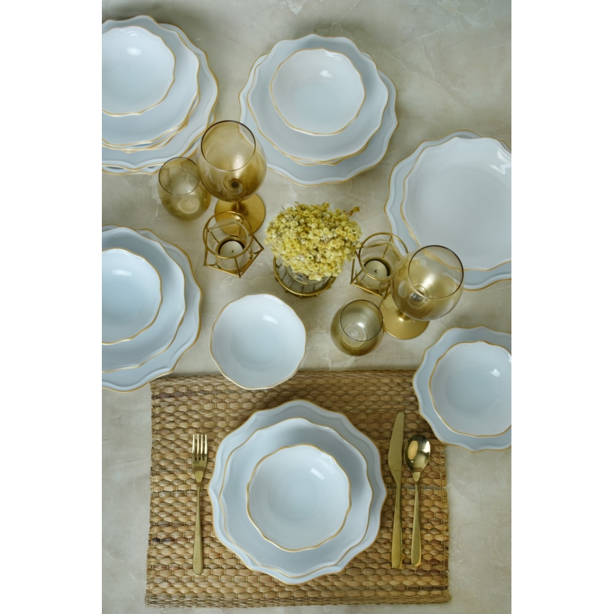 24-piece stoneware dinnerware set - white with gold trim
