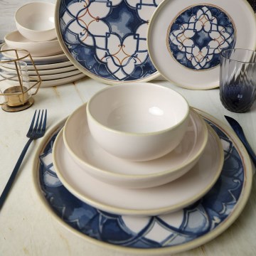 24-piece white and blue ceramic dinner set