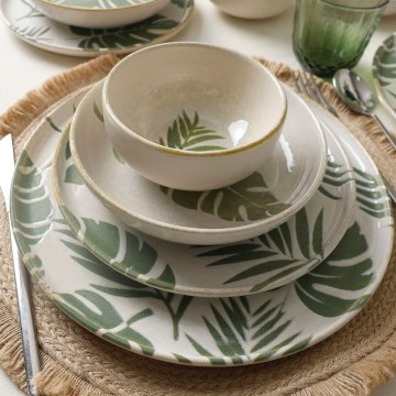 24-piece white and green ceramic dinnerware set