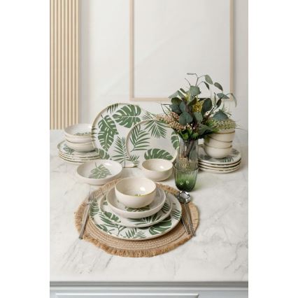 24-piece white and green ceramic dinnerware set