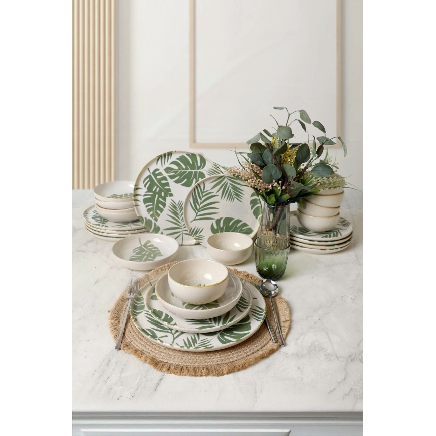 24-piece white and green ceramic dinnerware set
