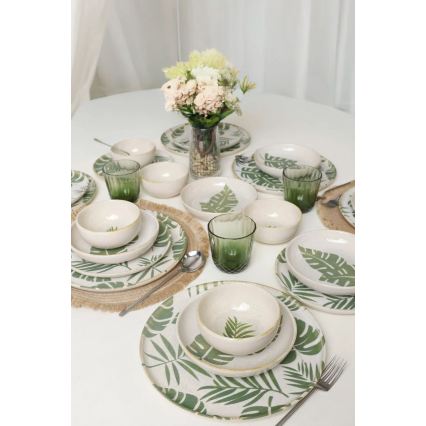 24-piece white and green ceramic dinnerware set