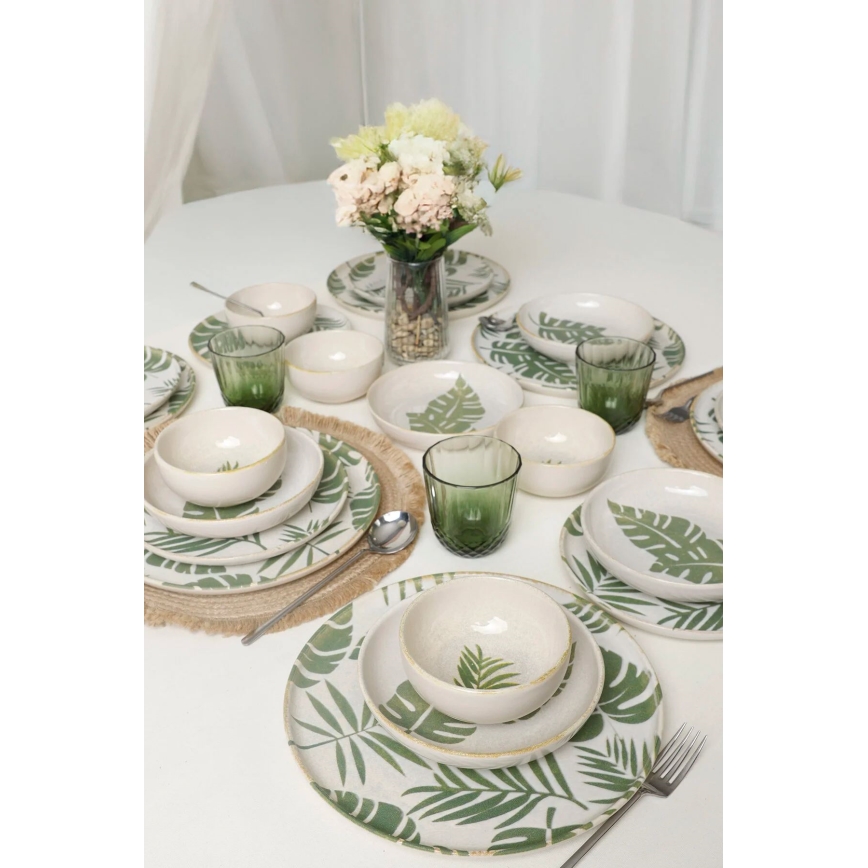 24-piece white and green ceramic dinnerware set