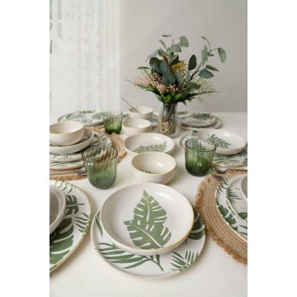 24-piece white and green ceramic dinnerware set