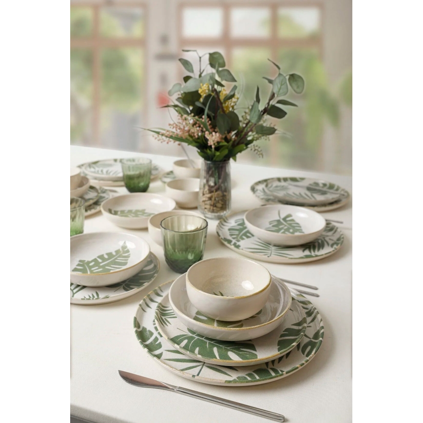 24-piece white and green ceramic dinnerware set