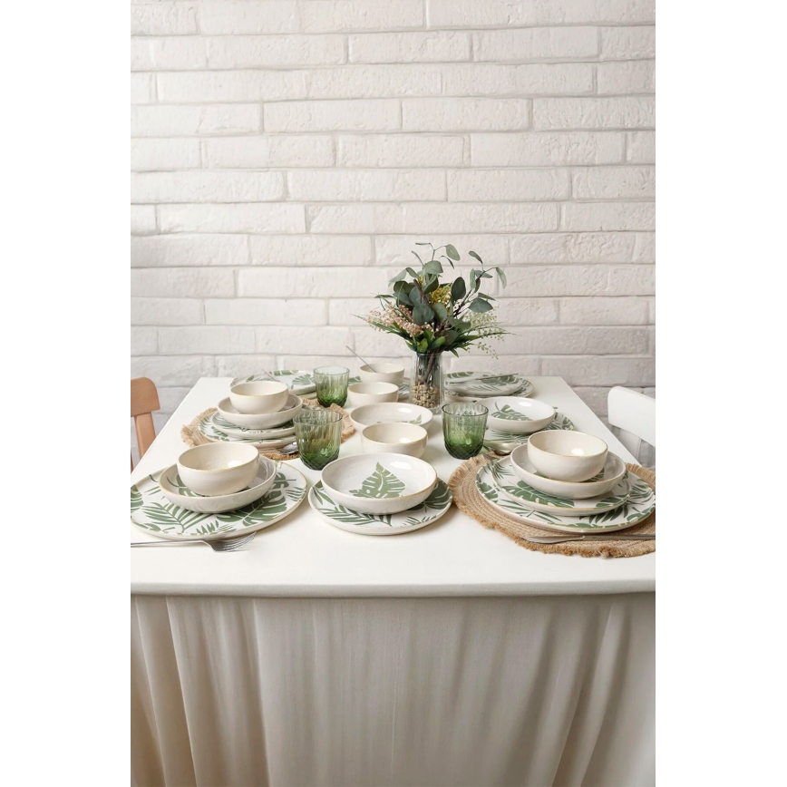 24-piece white and green ceramic dinnerware set