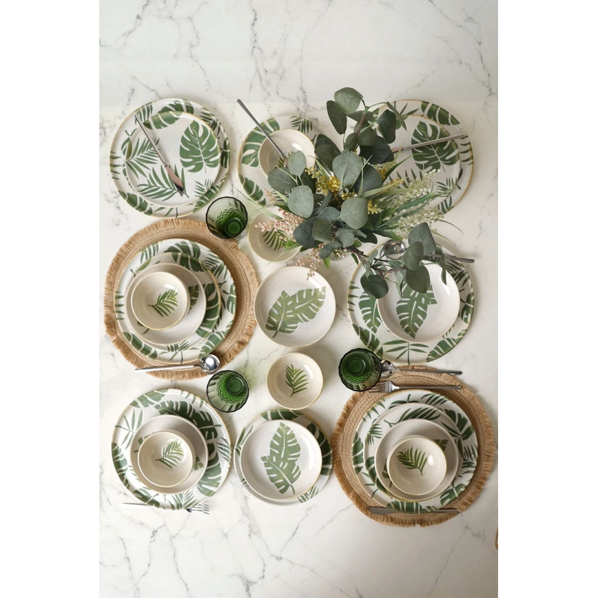 24-piece white and green ceramic dinnerware set