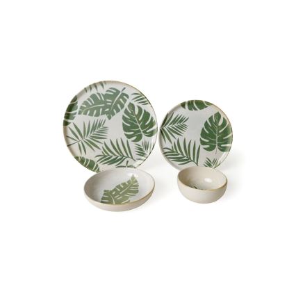 24-piece white and green ceramic dinnerware set