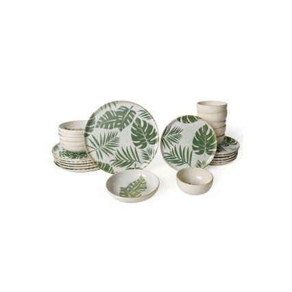 24-piece white and green ceramic dinnerware set