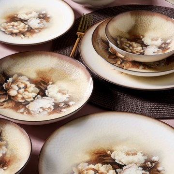 26-piece porcelain dinnerware set — beige, brown and white