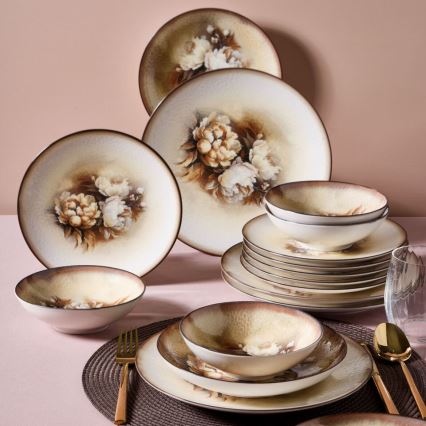26-piece porcelain dinnerware set — beige, brown and white