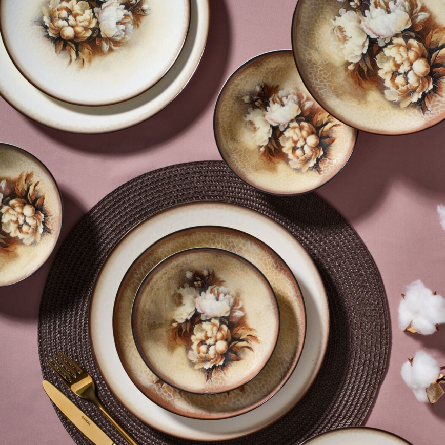 26-piece porcelain dinnerware set — beige, brown and white