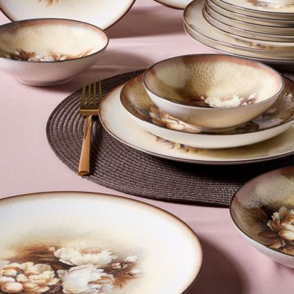 26-piece porcelain dinnerware set — beige, brown and white