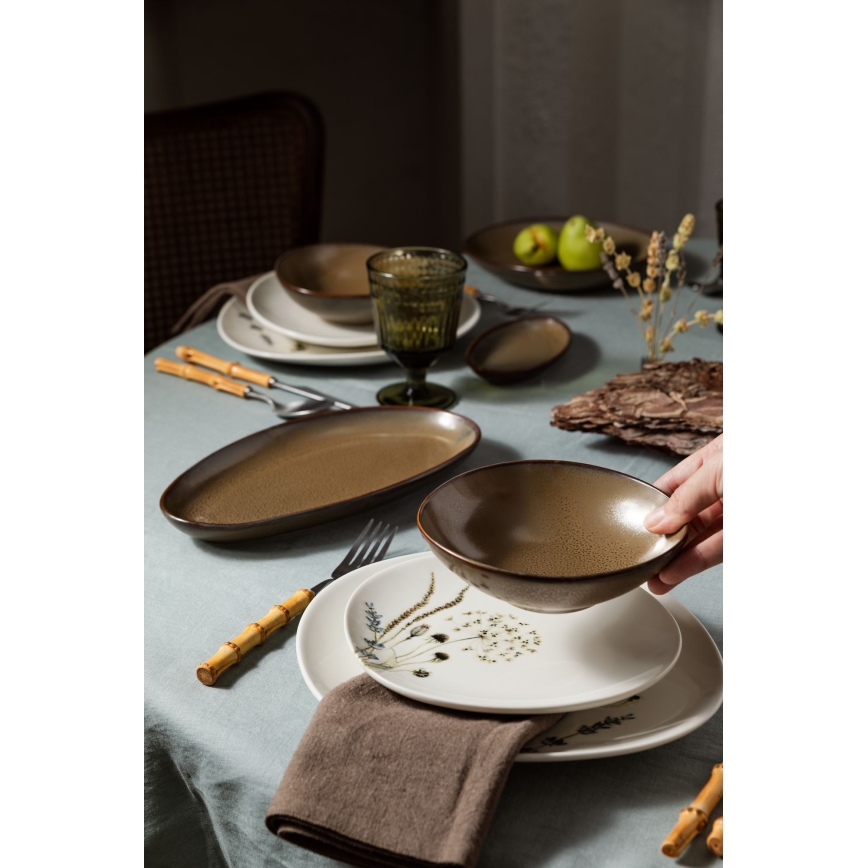 27-piece porcelain dinnerware set, white and brown