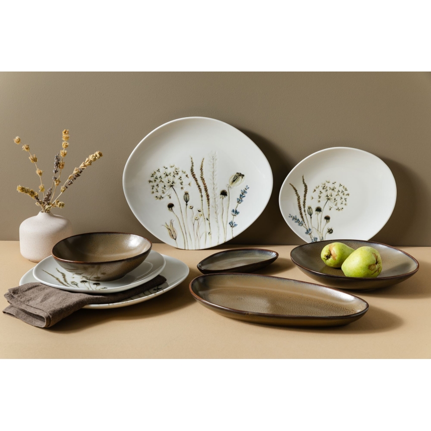 27-piece porcelain dinnerware set, white and brown