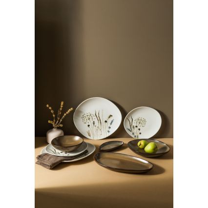 27-piece porcelain dinnerware set, white and brown
