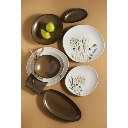 27-piece porcelain dinnerware set, white and brown