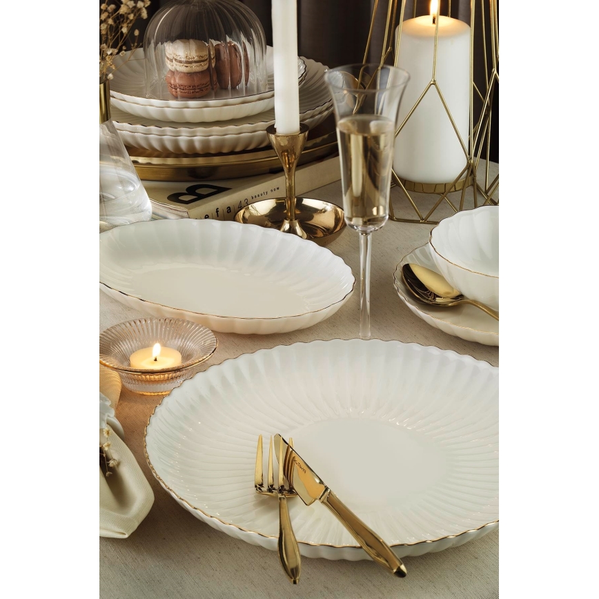 27-piece porcelain dinnerware set, white with gold accents
